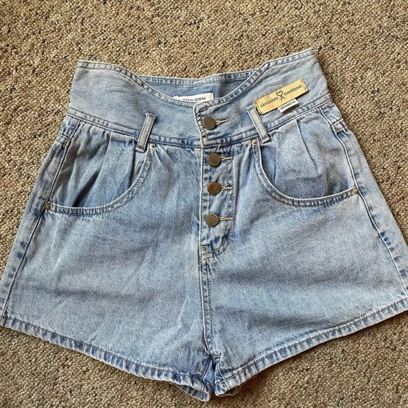 Y2K Alexanbre Women's S Button Fly Denim Jean Shorts Med-Light Blue Pockets - Picture 5 of 9